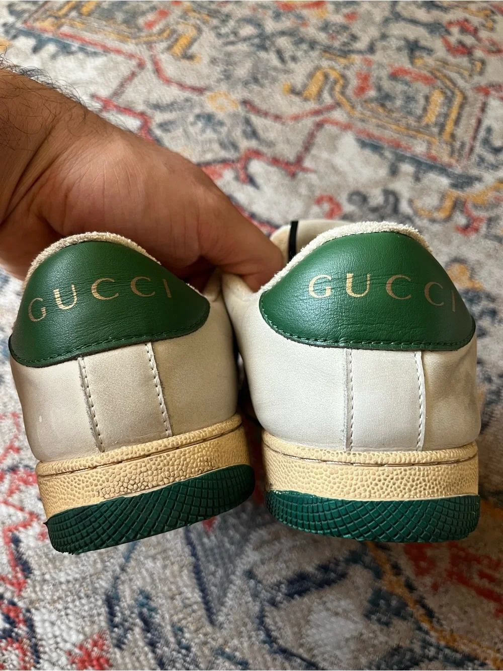Gucci Cream and Green Leather Logo Sneakers Size 41 Sneakers GG Monogram